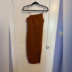 Rusty orange asymmetrical neckline spaghetti strap body com dress with slit